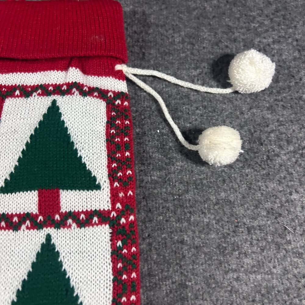 Vintage Knit Christmas Stocking Tree Red Green Yarn Crochet Pom Pom - Picture 2 of 8